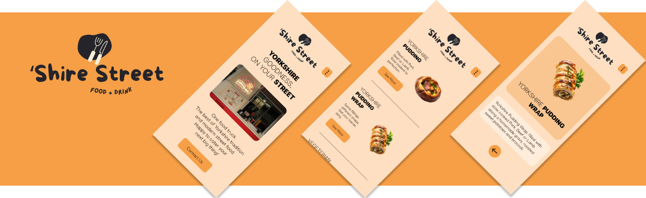 'Shire Street cover image. Black logo on the left side and prototype screenshots on the right. All over an orange background.